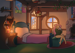 Size: 2000x1400 | Tagged: safe, artist:katputze, angel bunny, fluttershy, anthro, plantigrade anthro, g4, bed, clothes, eyes closed, female, fluttershy's cottage, hug, indoors, no pants, sitting, sweater, sweatershy, window, wings