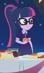 Size: 233x391 | Tagged: safe, screencap, sci-twi, twilight sparkle, equestria girls, equestria girls series, g4, clothes, cropped, egg (food), female, food, fruit, glasses, grapes, ponytail, smiling, solo