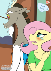 Size: 2598x3626 | Tagged: safe, artist:amaichix, discord, fluttershy, anthro, comic:teat party, g4, blushing, clothes, comic cover, cottage, cover, crying, disappointed, dress, female, fluttershy's cottage, high res, male, patreon, patreon reward, raped, regret, sad, ship:discoshy, shipping, shirt, straight, window
