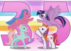 Size: 1495x1079 | Tagged: safe, artist:lightning stripe, derpibooru exclusive, ivy, melody, sunny daze (g3), twilight sparkle, alicorn, earth pony, pony, g1, g2, g3, g4, my little pony tales, 35th anniversary, blue, blue mane, cutie mark, green coat, group, open mouth, orange, pink, pink coat, pink mane, purple, purple eyes, rainbow background, show accurate, smiling, twilight sparkle (alicorn), white, white coat, yellow