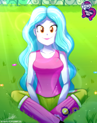 Size: 920x1160 | Tagged: safe, artist:the-butch-x, part of a set, paisley, equestria girls, g4, background human, breasts, busty paisley, butch's hello, clothes, equestria girls logo, female, flower, grass, looking at you, sexy, signature, sitting, smiling, solo