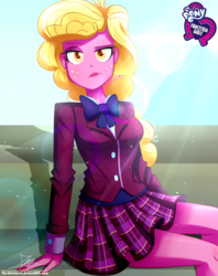 Size: 920x1160 | Tagged: safe, artist:the-butch-x, part of a set, taffy shade, equestria girls, g4, background human, butch's hello, clothes, crystal prep academy uniform, equestria girls logo, female, freckles, legs, looking at you, plaid skirt, pleated skirt, raised eyebrow, school uniform, sitting, skirt, solo, thighs, unimpressed