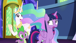 Size: 1280x720 | Tagged: safe, screencap, princess celestia, spike, twilight sparkle, alicorn, dragon, pony, celestial advice, g4, door, twilight sparkle (alicorn), winged spike, wings