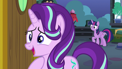 Size: 1280x720 | Tagged: safe, screencap, starlight glimmer, twilight sparkle, alicorn, pony, unicorn, celestial advice, g4, bed, cutie mark, door, duo, duo female, female, hoof on chest, mare, smiling, twilight sparkle (alicorn)