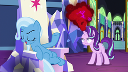 Size: 1280x720 | Tagged: safe, screencap, starlight glimmer, trixie, pony, unicorn, all bottled up, g4, anger magic, angry, belly, chair, female, friendship throne, magic, mare, throne, twilight's castle