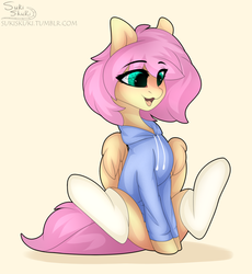 Size: 1280x1390 | Tagged: safe, artist:sukiskuki, fluttershy, pegasus, pony, g4, alternate hairstyle, clothes, cute, eye clipping through hair, female, hoodie, looking at something, mare, open mouth, shyabetes, simple background, sitting, smiling, socks, solo, thigh highs, white background