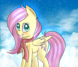 Size: 2987x2588 | Tagged: safe, artist:brok-enwings, fluttershy, pegasus, pony, g4, blushing, clothes, cute, female, folded wings, high res, looking at you, looking sideways, mare, open mouth, scarf, shyabetes, smiling, snow, snowfall, solo, standing, three quarter view, wings, winter