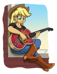 Size: 2550x3300 | Tagged: safe, artist:latecustomer, applejack, equestria girls, g4, bass guitar, boots, clothes, cowboy boots, female, guitar, high res, jeans, musical instrument, pants, shoes, simple background, solo, transparent background