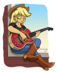 Size: 2550x3300 | Tagged: safe, alternate version, artist:latecustomer, applejack, equestria girls, g4, bad guitar anatomy, boots, clothes, eyes closed, female, guitar, high res, jeans, musical instrument, pants, shoes, simple background, solo, transparent background