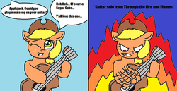 Size: 994x514 | Tagged: safe, artist:logan jones, applejack, earth pony, pony, g4, angry, cute, dragonforce, female, fire, freckles, guitar, metal, offscreen character, one eye closed, power metal, solo, song, speech bubble, through the fire and flames, wink