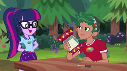 Size: 1280x720 | Tagged: safe, screencap, sci-twi, timber spruce, twilight sparkle, equestria girls, g4, my little pony equestria girls: legend of everfree, arm behind back, camp everfree outfits, clothes, female, forest, glasses, lamp, male, ponytail, shorts, smiling
