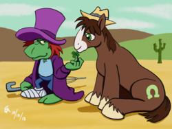 Size: 1024x768 | Tagged: safe, artist:mayorlight, trouble shoes, woebegone, earth pony, pony, g1, g4, 35th anniversary, cactus, clothes, clover, digital art, duo, four leaf clover, hat, male, sitting, stallion, top hat, umbrella, unshorn fetlocks