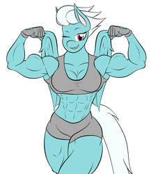 Size: 1435x1654 | Tagged: safe, artist:calm wind, artist:matchstickman, edit, fleetfoot, anthro, g4, 1000 years in photoshop, abs, armpits, biceps, clothes, female, fleetflex, flexing, gloves, muscles, one eye closed, solo, sports bra, workout outfit