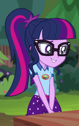 Size: 430x680 | Tagged: safe, screencap, sci-twi, twilight sparkle, equestria girls, g4, my little pony equestria girls: legend of everfree, camp everfree outfits, clothes, cropped, cute, female, ponytail, shorts, smiling, solo, twiabetes