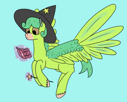 Size: 3000x2415 | Tagged: safe, artist:bojangleee, oc, oc only, bird pone, pony, birb, blue background, book, flying, hat, high res, levitation, magic, magic wand, parrotlet, simple background, solo, spread wings, telekinesis, unshorn fetlocks, wand, wings, witch hat