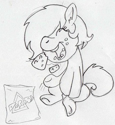 Size: 436x473 | Tagged: safe, artist:lockhe4rt, oc, oc only, oc:filly anon, earth pony, pony, chips, doritos, eating, eyes closed, female, filly, food, monochrome, open mouth, pencil drawing, sitting, solo, traditional art