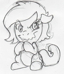 Size: 517x600 | Tagged: safe, artist:lockhe4rt, oc, oc only, oc:filly anon, earth pony, pony, aside glance, female, filly, grinch face, monochrome, pencil drawing, plotting, sitting, solo, traditional art