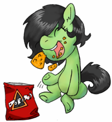 Size: 436x473 | Tagged: safe, artist:lockhe4rt, oc, oc only, oc:filly anon, earth pony, pony, chips, colored, doritos, eating, eyes closed, female, filly, food, open mouth, sitting, solo