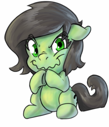 Size: 517x600 | Tagged: safe, oc, oc only, oc:filly anon, earth pony, pony, aside glance, colored, female, filly, grinch face, plotting, simple background, sitting, solo