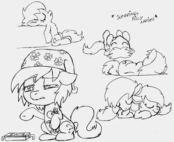 Size: 1000x816 | Tagged: safe, artist:lockhe4rt, smarty pants, oc, oc:filly anon, earth pony, pony, g4, bump, female, filly, group, hat, lying on top of someone, monochrome, multeity, nightcap, sextet, sleeping