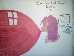 Size: 1024x768 | Tagged: safe, artist:0-van-0, pinkie pie, rainbow dash, g4, balloon, blowing up balloons, chibi, inktober, inktober 2018, speech bubble, traditional art