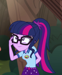Size: 525x630 | Tagged: safe, screencap, sci-twi, twilight sparkle, equestria girls, g4, my little pony equestria girls: legend of everfree, camp everfree outfits, clothes, cropped, cute, female, glasses, ponytail, smiling, solo, twiabetes