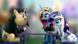Size: 1920x1080 | Tagged: safe, artist:ashvall, rarity, sassy saddles, pony, g4, meeting, serious, serious face, sitting, table