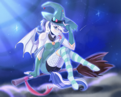 Size: 1112x890 | Tagged: safe, artist:swoopypoolin, oc, oc only, oc:star cluster, bat pony, anthro, unguligrade anthro, anthro oc, bat wings, broom, candy, candy cane, clothes, female, flying, flying broomstick, food, hat, mare, socks, solo, striped socks, wings, witch, witch hat, ych result