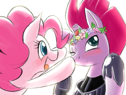 Size: 1600x1200 | Tagged: safe, artist:phoenixperegrine, fizzlepop berrytwist, pinkie pie, tempest shadow, g4, blushing, boop, duo, floral head wreath, flower, pretty pretty tempest