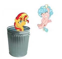 Size: 1117x1071 | Tagged: safe, cozy glow, sunset shimmer, g4, marks for effort, school raze, abuse, background pony strikes again, downvote bait, evil, op is a duck, op is trying to start shit, sad, shimmerbuse, sunsad shimmer, sunset shimmer's trash can, trash can