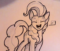 Size: 781x655 | Tagged: safe, artist:post-it, pinkie pie, earth pony, pony, g4, eyes closed, female, ink drawing, inktober, mare, monochrome, open mouth, simple background, sketch, smiling, solo, traditional art, white background