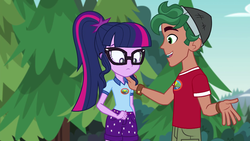 Size: 1280x720 | Tagged: safe, screencap, sci-twi, timber spruce, twilight sparkle, equestria girls, g4, my little pony equestria girls: legend of everfree, camp everfree outfits, clothes, female, forest, glasses, hand on shoulder, male, ponytail, shipping, shorts, straight, timbertwi