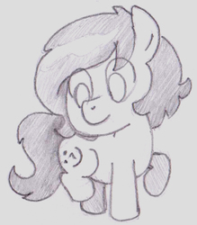 Size: 698x795 | Tagged: safe, artist:lockhe4rt, oc, oc only, oc:filly anon, earth pony, pony, :^), alternate cutie mark, female, filly, looking at cutie mark, monochrome, pencil drawing, smiley face, solo, traditional art