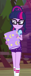 Size: 270x649 | Tagged: safe, screencap, sci-twi, twilight sparkle, equestria girls, g4, my little pony equestria girls: legend of everfree, camp everfree outfits, clothes, cropped, female, glasses, lantern, paper lantern, ponytail, shorts, socks, solo