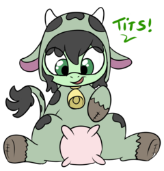 Size: 804x836 | Tagged: safe, artist:lockhe4rt, oc, oc only, oc:filly anon, cow, earth pony, pony, bell, clothes, costume, cowbell, dialogue, exclamation point, female, filly, floppy ears, horns, leaning back, looking down, simple background, sitting, smiling, solo, text, transparent background, udder