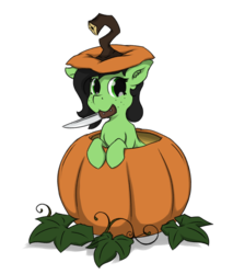 Size: 1275x1500 | Tagged: safe, artist:crownhound, oc, oc only, oc:filly anon, pony, female, filly, freckles, halloween, holiday, knife, mouth hold, ponies in food, pumpkin, simple background, solo, transparent background