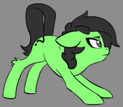 Size: 373x326 | Tagged: safe, artist:lockhe4rt, oc, oc only, oc:filly anon, pony, female, filly, floppy ears, gray background, leg fluff, raised tail, simple background, solo, stretching, tail