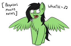 Size: 3733x2411 | Tagged: safe, artist:shpoople, oc, oc only, oc:filly anon, pegasus, pony, behaving like a bird, chest fluff, descriptive noise, female, filly, high res, mating call, mating dance, open mouth, silly, simple background, solo, warb, white background