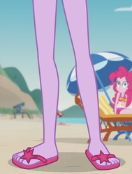 Size: 1589x2100 | Tagged: safe, screencap, pinkie pie, sci-twi, twilight sparkle, equestria girls, friendship math, g4, my little pony equestria girls: better together, beach, clothes, cropped, feet, flip-flops, legs, pictures of legs, sand, sandals, swimsuit