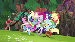 Size: 1280x720 | Tagged: safe, screencap, applejack, fluttershy, pinkie pie, rainbow dash, rarity, timber spruce, equestria girls, g4, my little pony equestria girls: legend of everfree, applejack's hat, boots, camp everfree, camp everfree outfits, camp fashion show outfit, clothes, converse, cowboy boots, cowboy hat, female, hat, high heel boots, legs, male, pants, ponied up, shoes, shorts, skirt, sneakers, wings