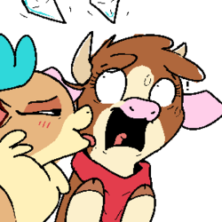 Size: 300x300 | Tagged: safe, artist:nugakku, arizona (tfh), velvet (tfh), cow, deer, them's fightin' herds, color, community related, fear, fluffy, hooves, ice, licking, lowres, screaming, simple background, this will end in pain, tongue out