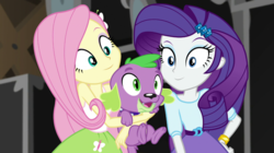 Size: 1280x718 | Tagged: safe, screencap, fluttershy, rarity, spike, spike the regular dog, dog, equestria girls, equestria girls specials, g4, my little pony equestria girls: movie magic, belt, clothes, female, paws, skirt, smiling