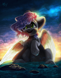 Size: 1984x2515 | Tagged: safe, artist:amishy, oc, oc only, pegasus, pony, cloud, female, freckles, mare, open mouth, signature, sky, smiling, solo, water, ych result