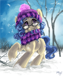 Size: 1364x1646 | Tagged: safe, artist:amishy, oc, oc only, oc:eleos, earth pony, pony, clothes, cute, glasses, hat, scarf, signature, smiling, snow, solo, ych result