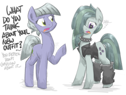 Size: 2114x1591 | Tagged: safe, artist:flutterthrash, limestone pie, marble pie, earth pony, pony, g4, choker, clothes, dialogue, engrish, female, frown, grammar error, jacket, leather jacket, leather vest, leg warmers, mare, open mouth, simple background, spiked choker, white background