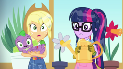 Size: 1280x720 | Tagged: safe, screencap, applejack, sci-twi, spike, spike the regular dog, twilight sparkle, dog, equestria girls, g4, my little pony equestria girls: better together, my little shop of horrors, applejack's hat, clothes, cowboy hat, female, flower, glasses, gloves, hat, holding a dog, male, ponytail, watering can, wet hair, wet spike
