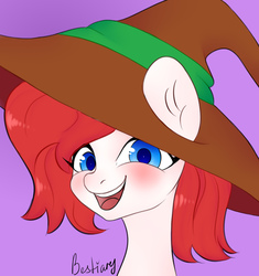 Size: 2416x2572 | Tagged: safe, artist:bestiary, oc, oc only, oc:holly jolly, pony, bust, hat, high res, purple background, signature, simple background, solo, witch hat