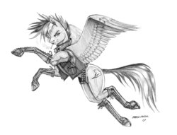 Size: 1400x1070 | Tagged: safe, artist:baron engel, rainbow dash, pony, g4, alternate hairstyle, cigarette, clothes, female, flying, grayscale, jacket, leather jacket, looking at you, monochrome, pencil drawing, punk, signature, simple background, smirk, solo, traditional art, white background