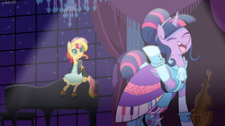 Size: 1280x720 | Tagged: safe, artist:gintoki23, sunset shimmer, twilight sparkle, alicorn, pony, unicorn, equestria girls, friendship through the ages, g4, chandelier, clothes, dress, equestria girls ponified, musical instrument, pianist twilight, piano, piano dress, ponified, scene interpretation, twilight sparkle (alicorn), window