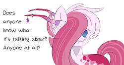 Size: 1134x596 | Tagged: safe, artist:scarletverse, artist:taaffeiite, oc, oc only, oc:nightmare, pony, blank eyes, dialogue, horns, male, scarletverse, simple background, solo, stallion, white background